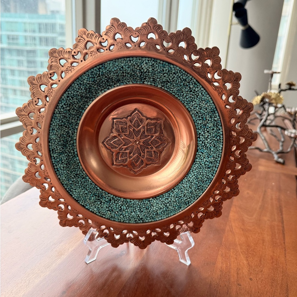 Persian Handcrafted Copper and Turquoise Decorative Plate